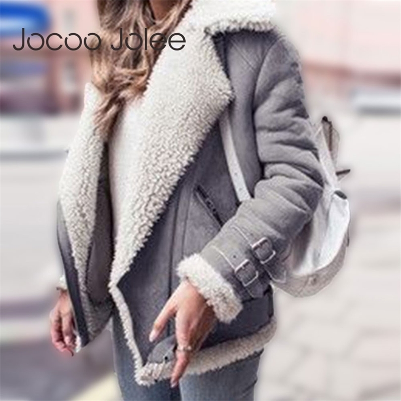 Jocoo Jolee Faux Shearling Sheepskin Coats Women Thick Suede Jackets Autumn Winter Lambs Wool Short Motorcycle Coats Windbreaker T200828