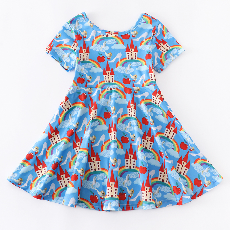 Exclusive Girlymax Summer Baby Girls Kids Clothing Milk Silk Print Twirl Dress Knee Length Short Sleeve Dino Castle 220707