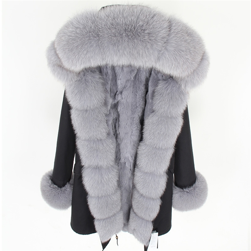 Women Pure cotton jacket real rabbit lined long jacket new collar park's coats fur coat 201016