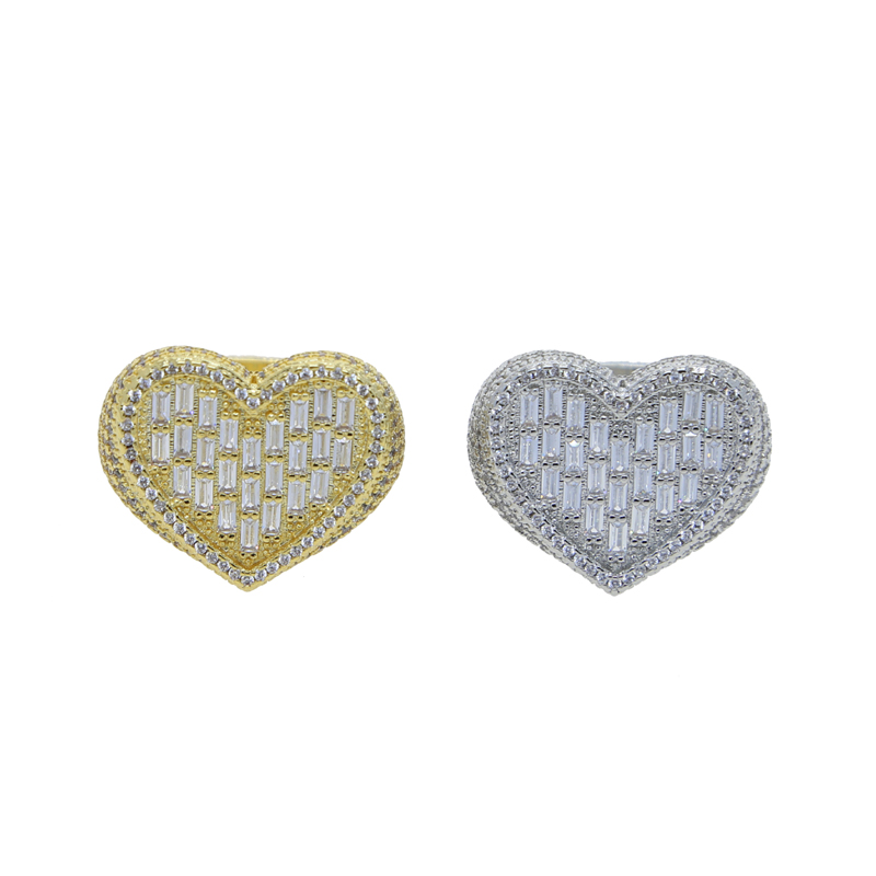 Big Heart Shaped Ring Full Paved White Baguette CZ Iced Out Bling Square Cubic Zircon Fashion Lover Jewelry for Women Men