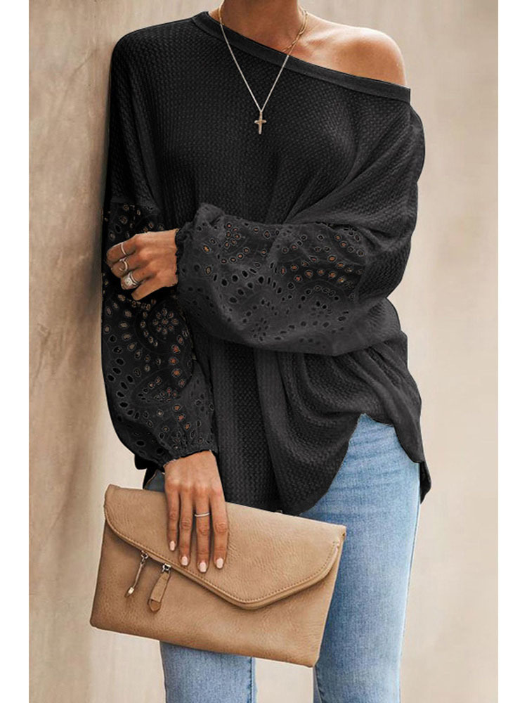 Elegant Lace Long Sleeve Shirt Women Vintage Hollow Out O-Neck Solid Tops Autumn Female Casual Top T-Shirt 220328