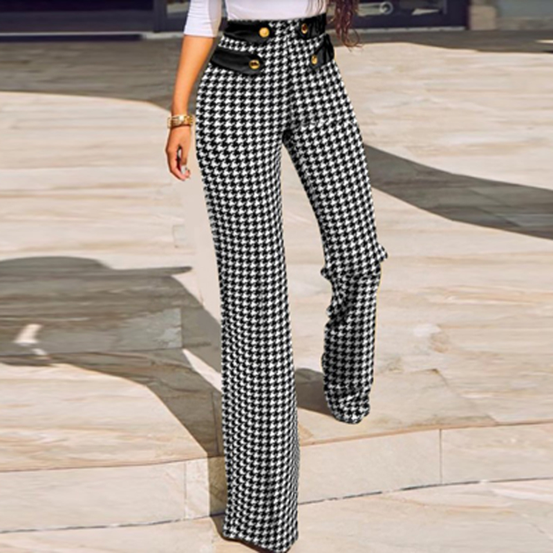 Women Autumn Slim Bodycon Trousers Spring High Waist Buttoned Office Suit Pants Houndstooth Plaid Print Straight Mujer 220325