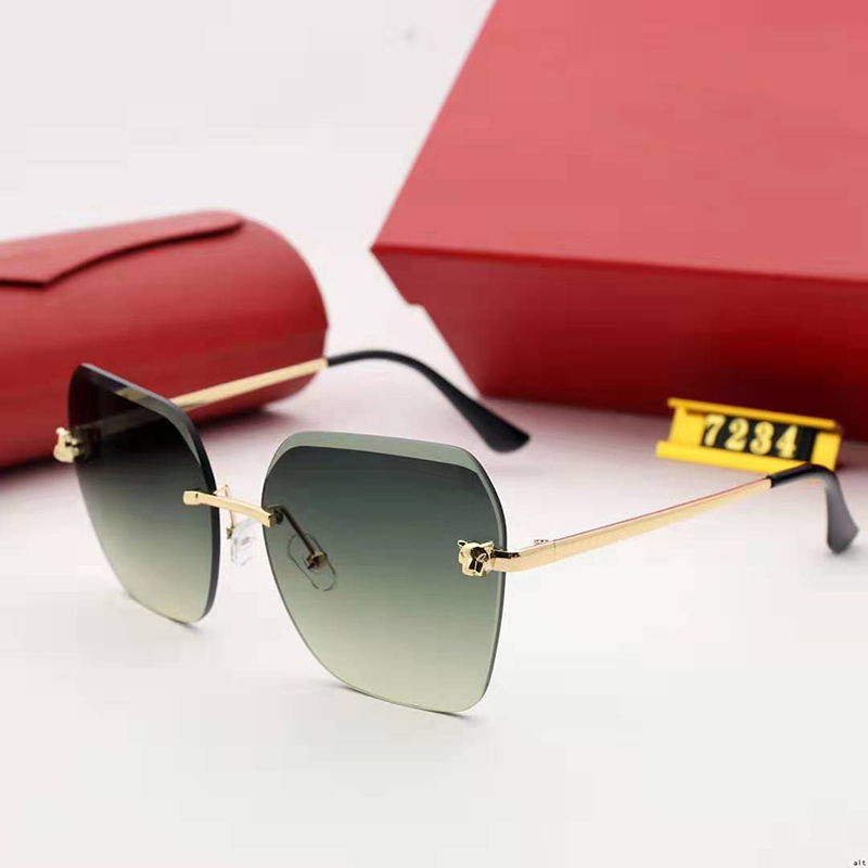 Panther Designer Sunglasses Mens Green Vintage Rimless Square Sunglasses Women Men Luxury Brand Eyeglasses Fashion Travel Driving Metal Leopard Head Sun Glasses