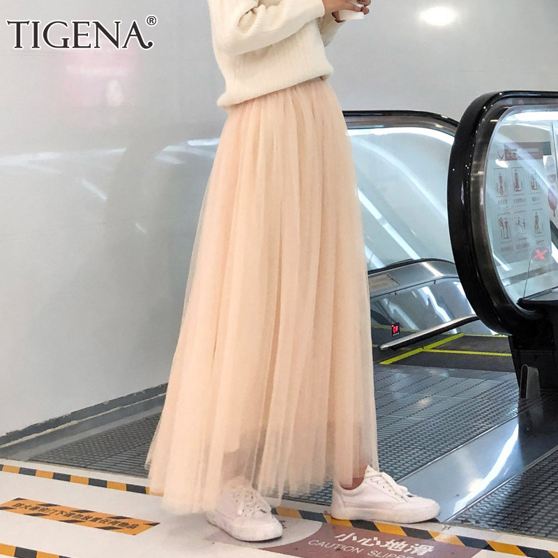 TIGENA 98cm Long Maxi Tutu Tulle Skirt for Women Fashion Korean Casual High Waist Pleated Mesh Female All Seasons 220317