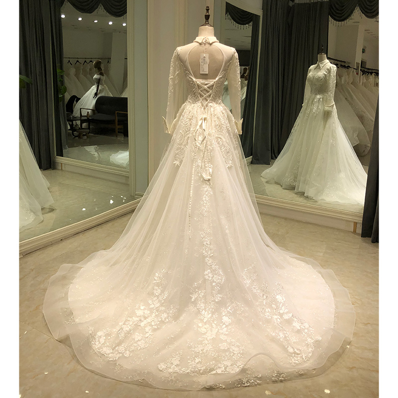 Classic Wedding Dress With Long Sleeve High Neck Applique Lace Up Organza Formal Ocn Custom Made Tulle Floor Length