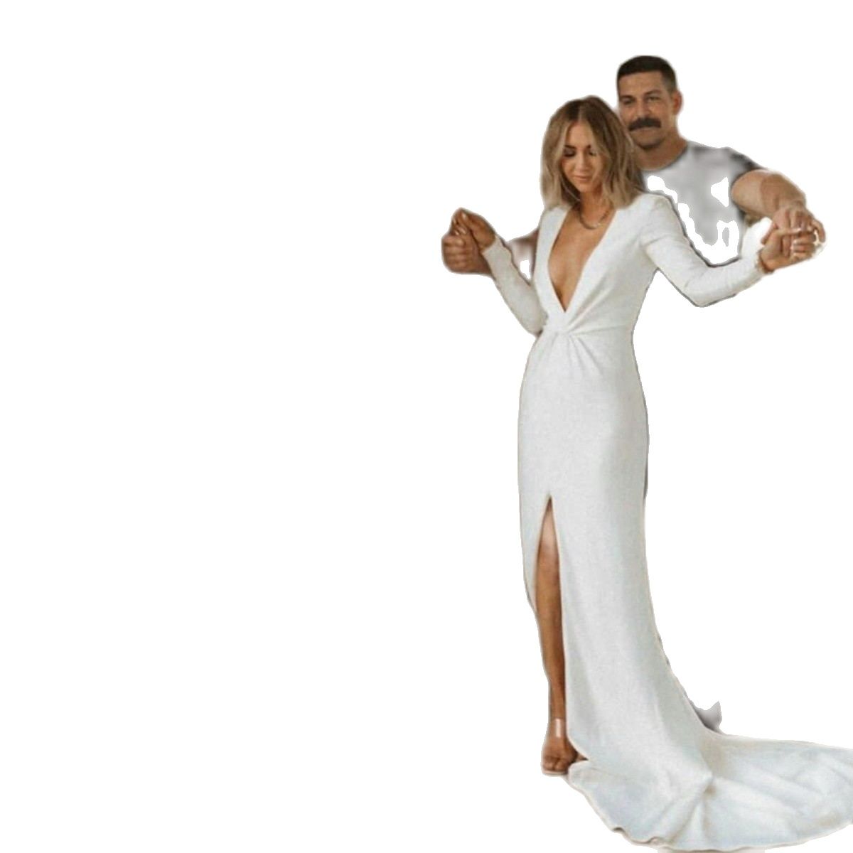 Bohemian Mermaid Wedding Dress Deep V Neck Pleats Long Sleeve Bridal Gowns Custom Boho Satin Bride Dresses
