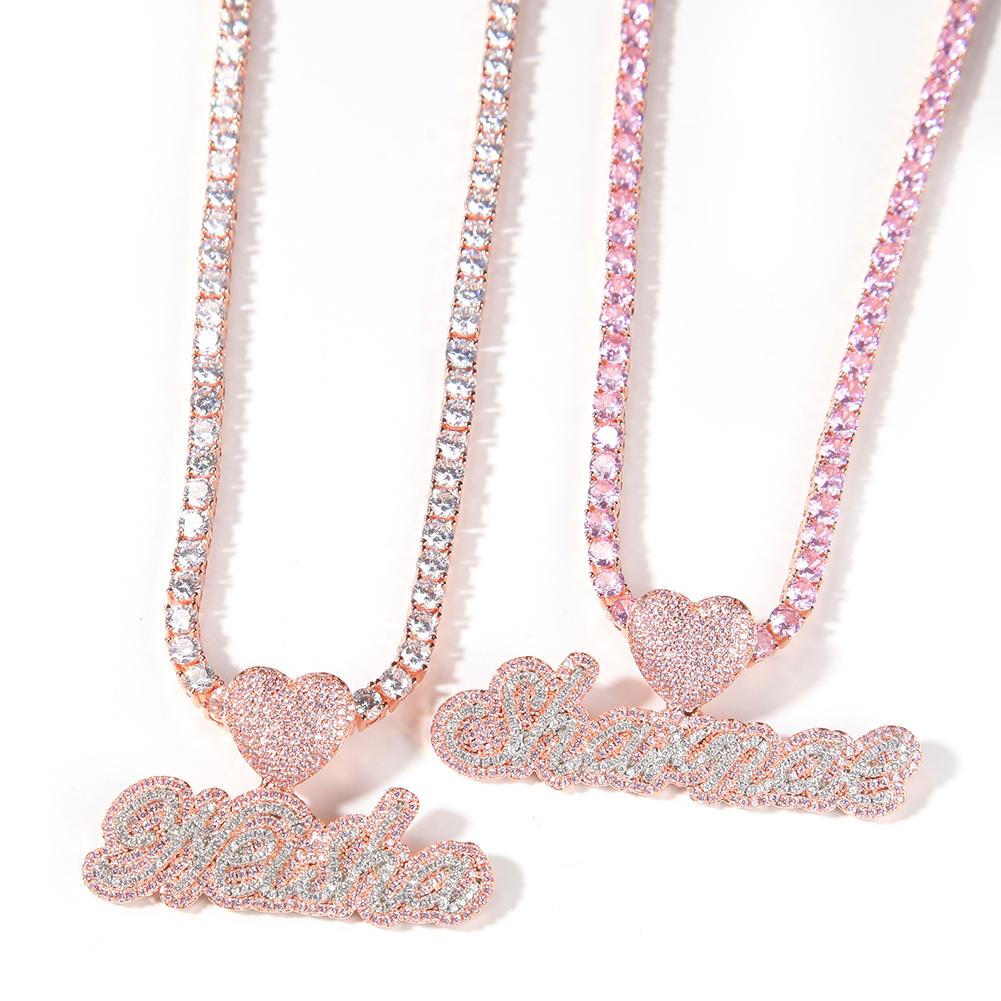 Custom Name Necklace Letters Heart Buckle Iced Out White Pink CZ Pendant Tennis Chain Hiphop Jewelry
