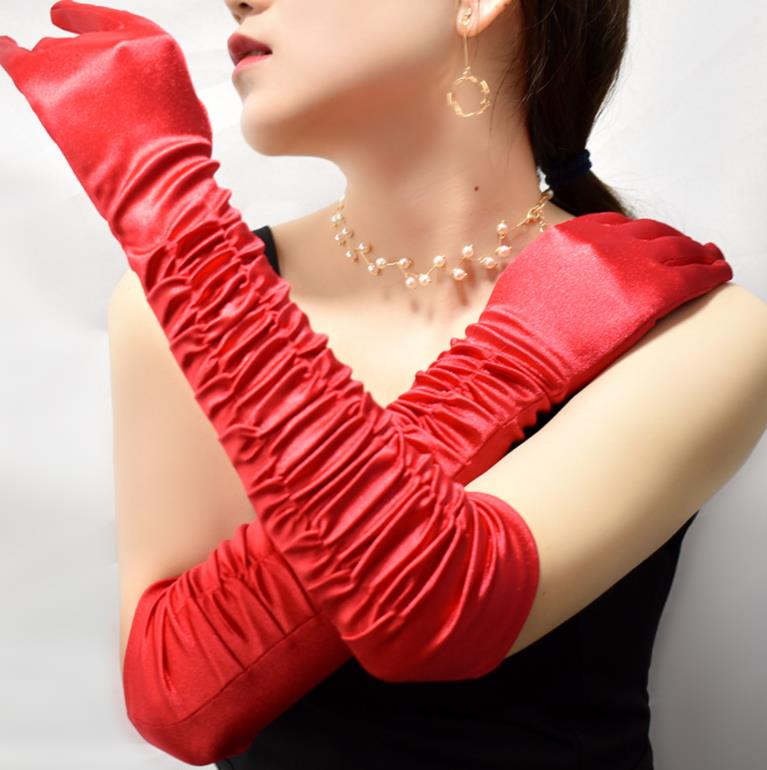 1920s Party Gloves for Women Long Satin Opera Glove Costume Accessories Shirred Elbow Finger Gloves Evening Cosplay Mittens Stage Props Black Red Whit