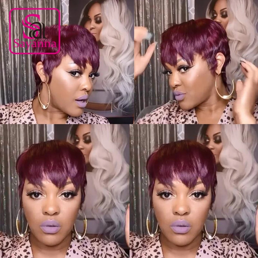 Short Bob Wavy Wig With Bangs Full Machine No Lace Wigs For Women Brazilian Straight Ombre Burgundy Human Hair Pixie Cut Wig