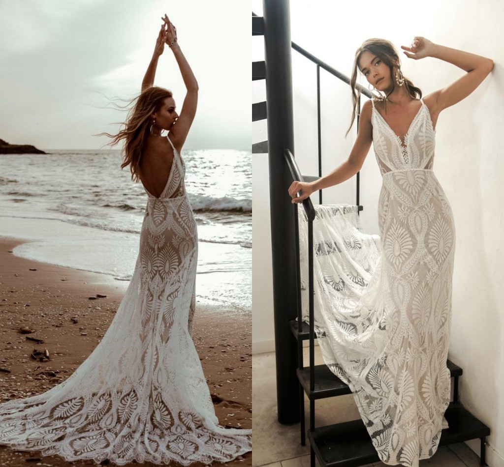 Beach Lace Mermaid Wedding Dresses 2022 BHLDN Spaghetti Backless Vestidos de noiva sereia barato Summer Holiday Bohemian Bridal Gown
