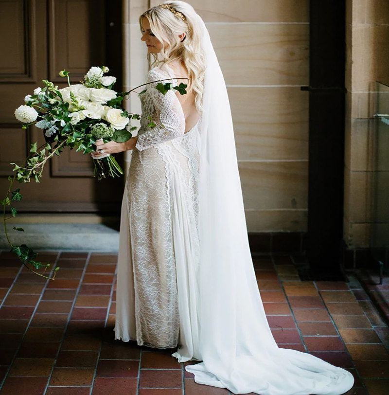 Fairy Boho Long Sleeve Wedding Dress 2022 O Neck Full Length Chiffon Lace Bohemian Beach Wedding Dresses Backless Mermaid Bride Party Gowns Chic Robe 