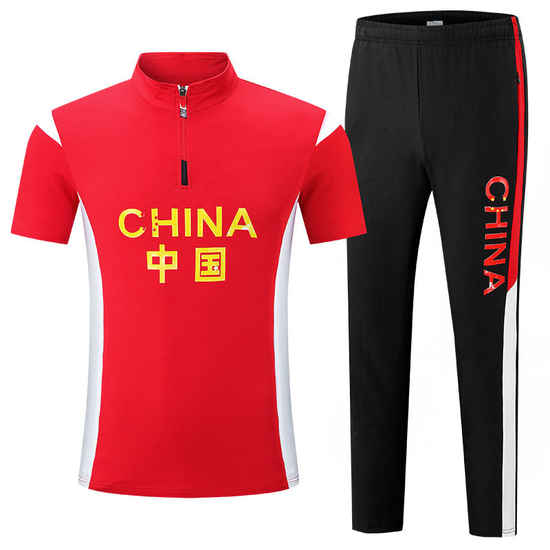 Men's Tracksuits Summer Athletes Running Jacket + Pants Chinese Team Sportswear Cotton Martial Arts Student Short Sleeve Top Unisex Training Suit