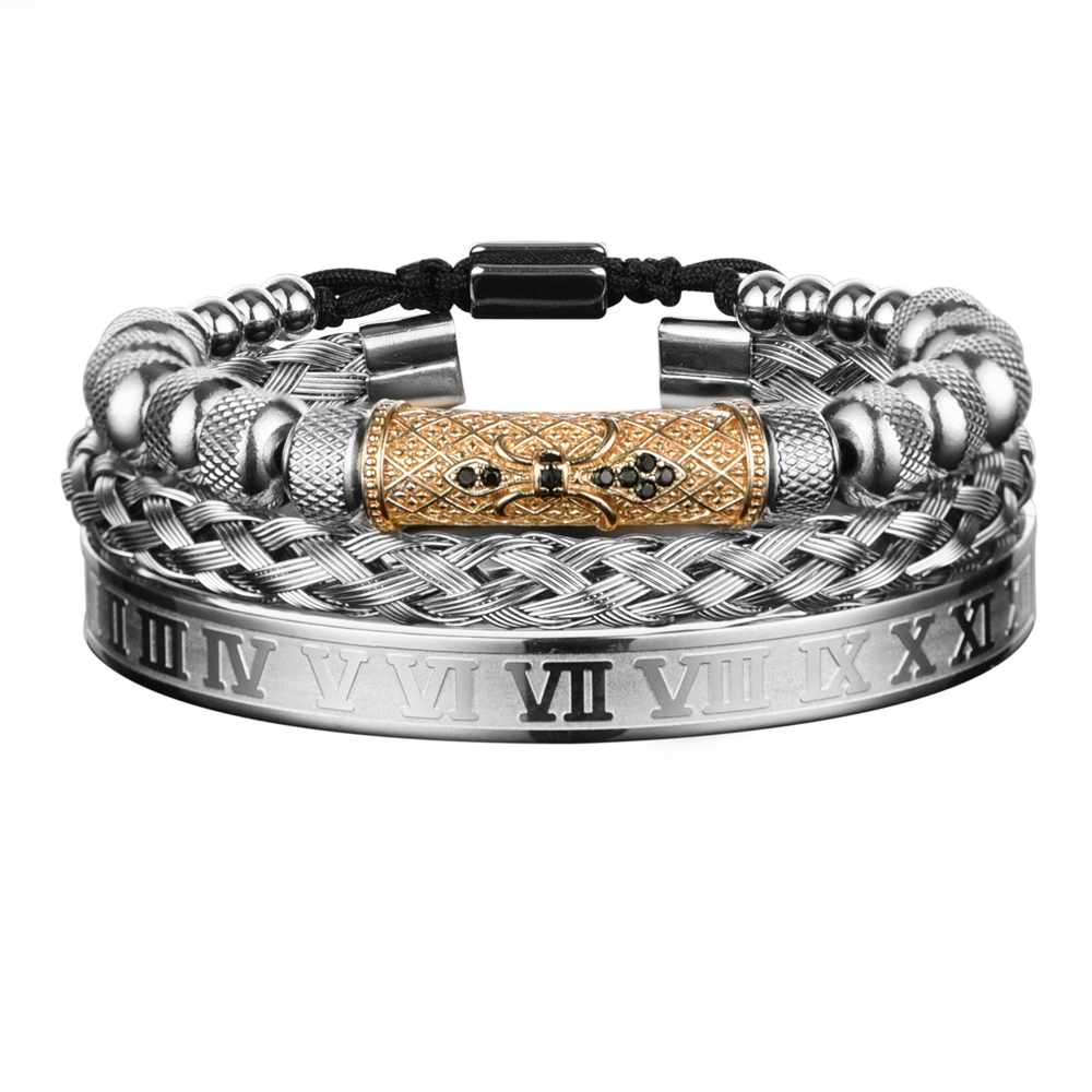Luxury 3pcs/Set Flower Charm Gold Bangles Stainless Steel Bracelet Men Roman Number Europe Fashion Jewelry Gift For Male Female