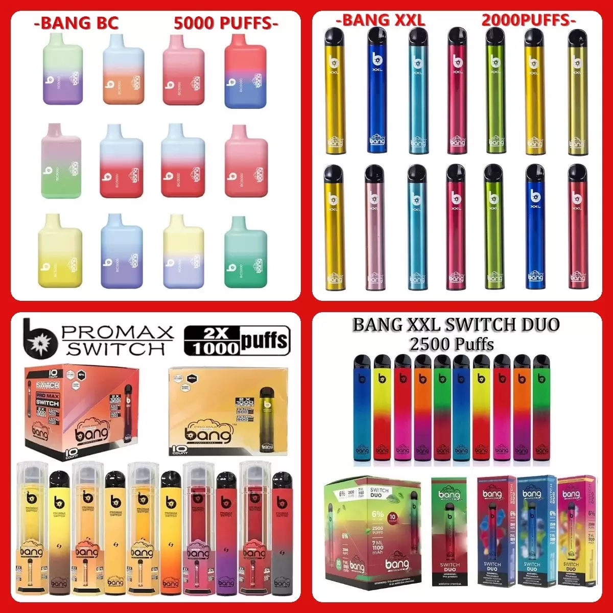 Bang XXL BC 5000 PUFFS pro max Disposable Vape Pen Electronic Cigarettes Device 800mAh Battery 6ml Pods Empty Vapors 2000 Puffs SWITCH DUO 2500puffs Kit wholesale
Bang XXL BC 5000 PUFFS pro max Disposable Vape Pen Electronic Cigarettes Device 800mAh Battery 6ml Pods Empty Vapors 2000 Puffs SWITCH DUO 2500puffs Kit wholesale