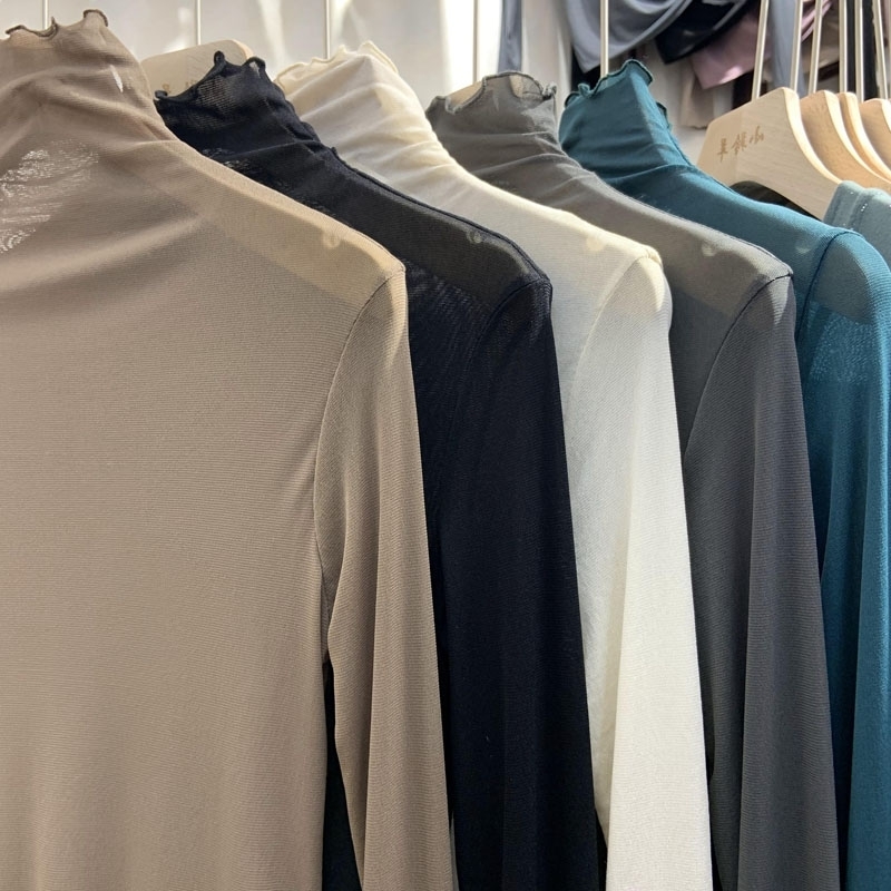 Mesh See Through Women T-Shirts Summer Turtleneck Solid Slim Elastic Long-Sleeved Female Buttoming Pulls Tops Tees 220516