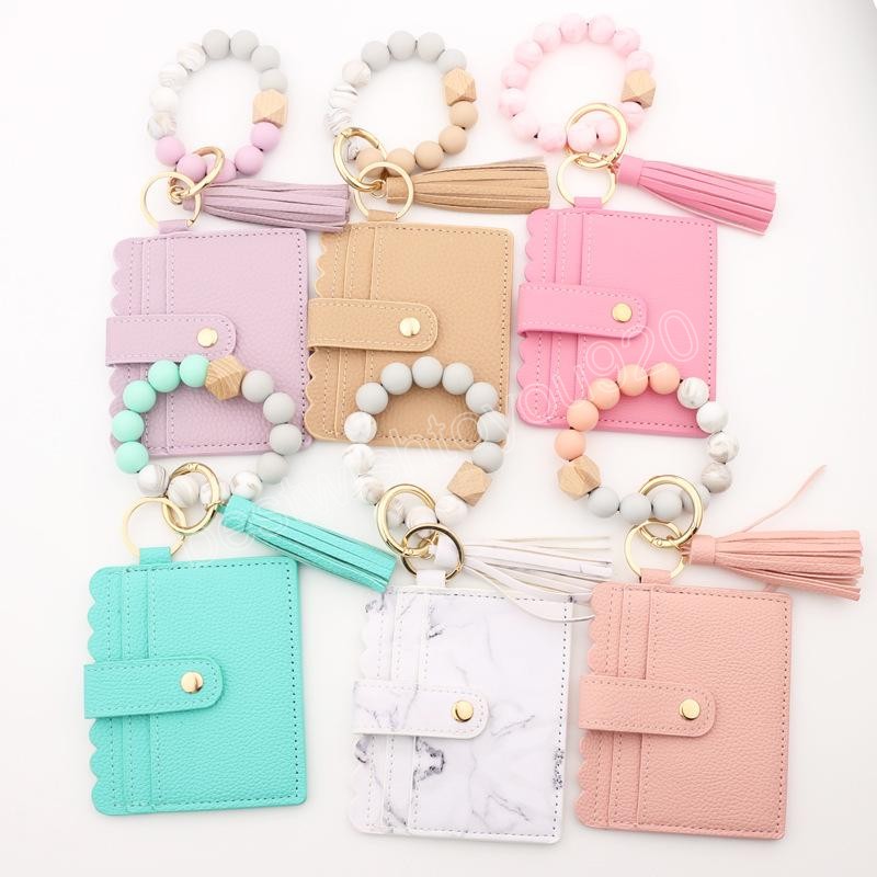 Silicone Beaded Wristlet Keychain Bracelet Leather Tassel Wallet Bangle Colors Keyrings