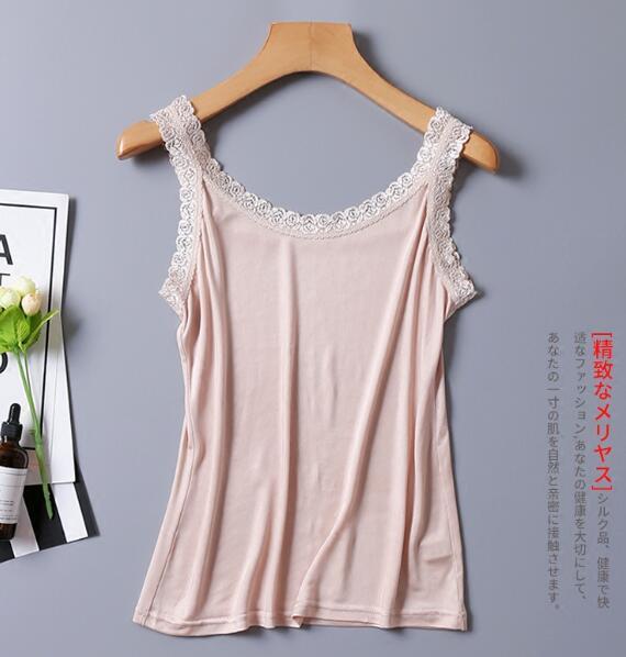 100% Silk Knit Lace Camisole Tank Top Vest Shirt Sleepwear Spaghetti Strap TG312 220325