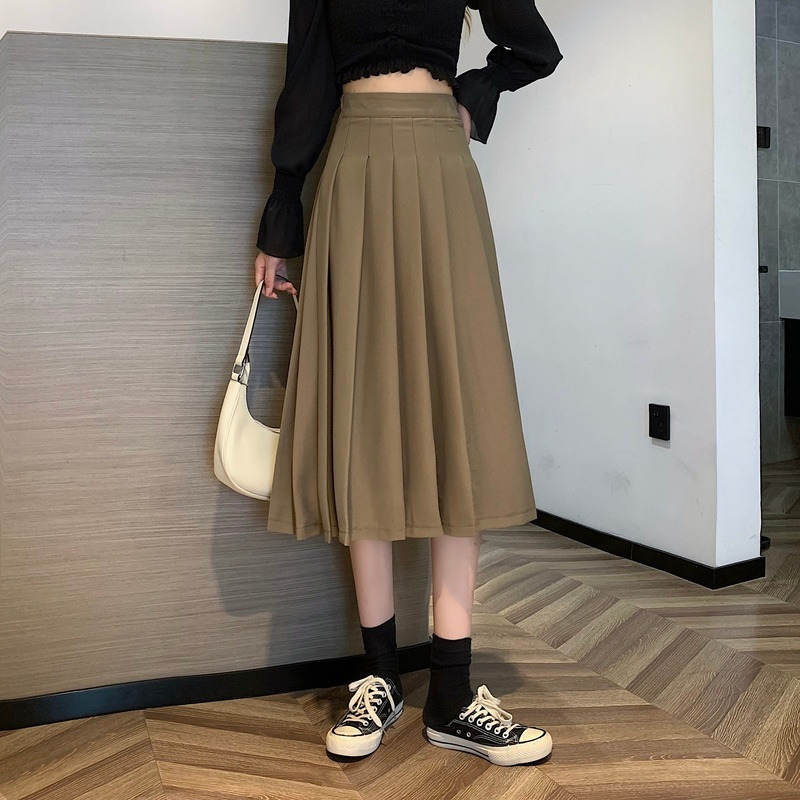 Black Pleated Skirt Half-length Female Autumn Style Korean High Waist Woman s 220322