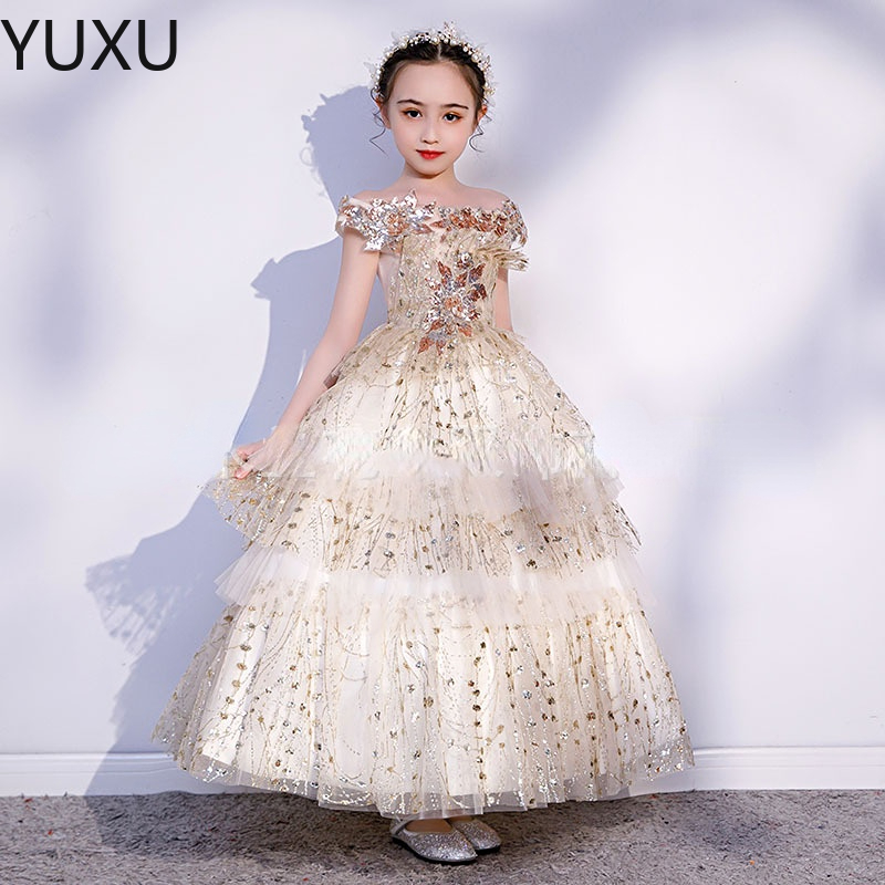 Pageant For Girls Off Shoulder Wer Girl Dresses White Ivory Champagne Kids Ball Gowns Wedding Dress Sash Beading Belt 403 6660311