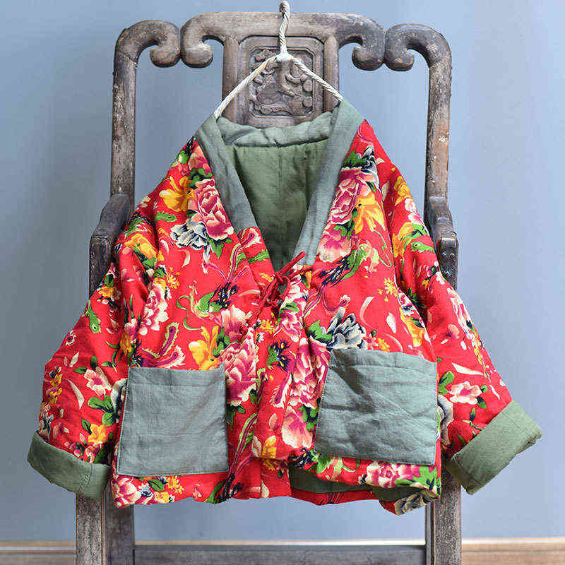 Winter Warm Kimono Woman Thicker Chinese Style Baggy Outerwear Vintage Cotton Linen Padded Jackets Loose Printing Overcoat L220725