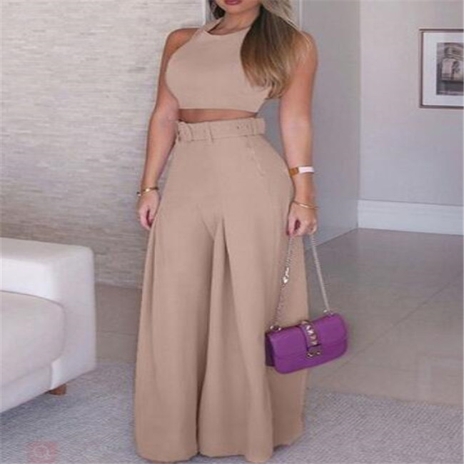 Women's Two Piece Pants Sets Female Ladies o-neck Tops Vest High Waist Wide Leg Pant Trousers Two-Piece Suit Summer Casual Women Outfits