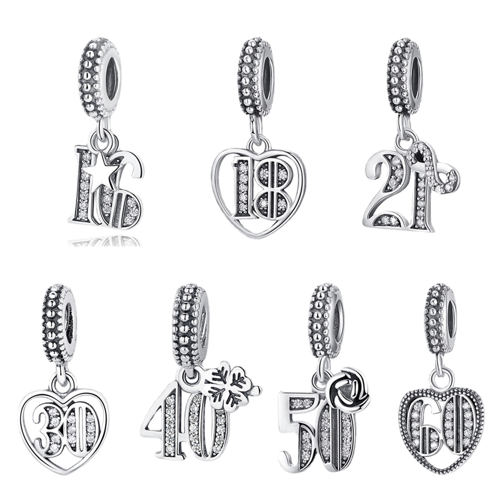 Original 925 Sterling Silver Bead Charm 18 30 60 Years Of Love Pendant Charms Crystal Fit Bracelets Women DIY Jewelry