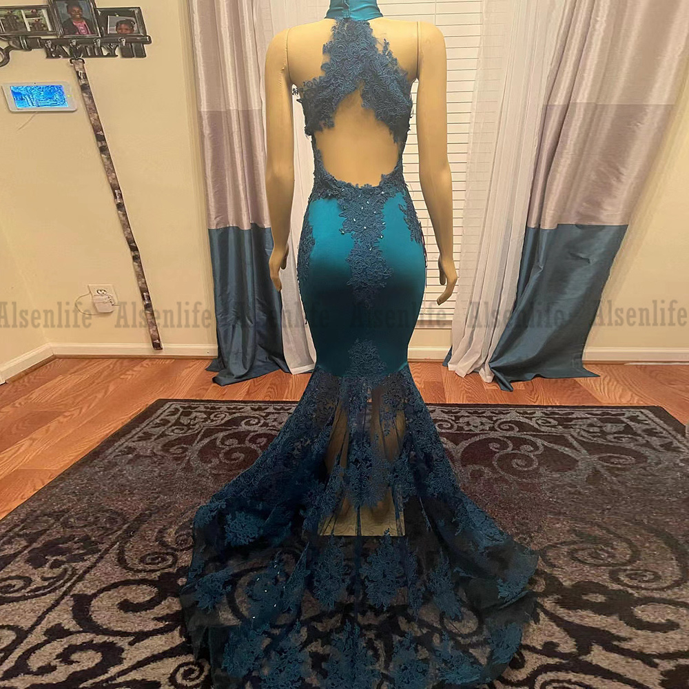 Luxury Appliques Mermaid Black Girl Prom Dress 2022 Halter Neck Sleeveles Evening Dresses Party Gowns Robe De Soiree Femme