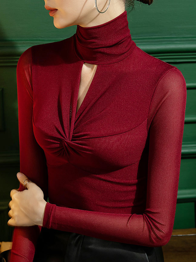 Autumn High Collar Mesh Bottomed Shirt Female Slim Fit with Hollow Sexy Long Sleeve T-shirt Dance Dress Top 220328