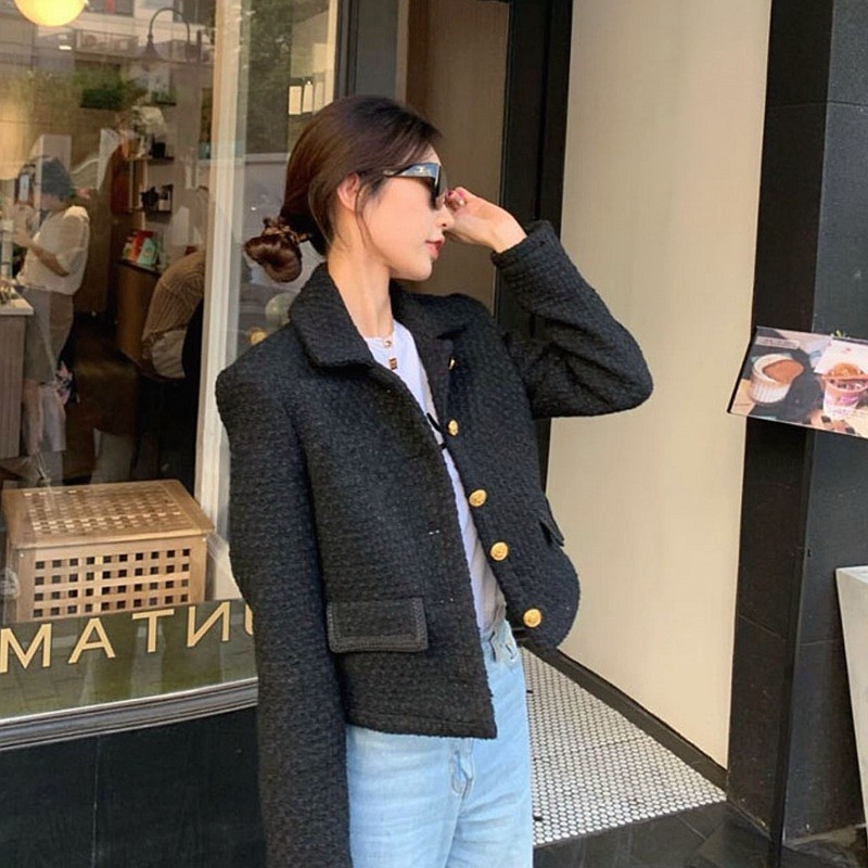 Runway Fall Winter Vintage Cropped Jacket Womens Korean Fashion Black Casual Tweed Jackets Elegant Chic Brand Outwear Coat 220817 - view 4