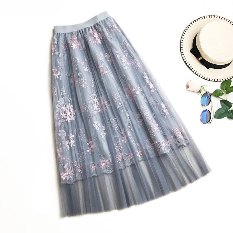 Skirts 2022 Summer Mesh Womens Fashion Lolita Elegant Girl Embroidery Flower High Waist A-line Pleated Skirt Faldas Mujer, Pink 
Skirts 2022 Summer Mesh Womens Fashion Lolita Elegant Girl Embroidery Flower High Waist A-line Pleated Skirt Faldas Mujer, Pink