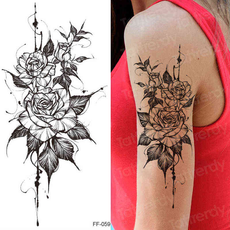 NXY Temporary Tattoo Sticker Women Flower Rose Peony Black Tatouage Temporaire Femme Sleeve Waterproof Sexy Body Art Fashion 0330