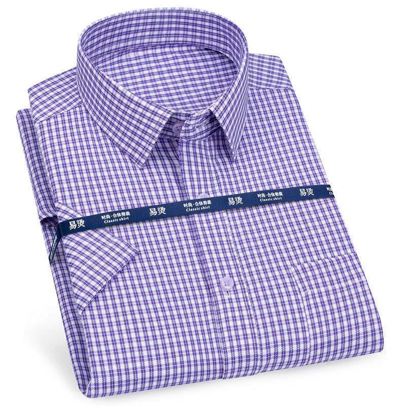 Mens Business Casual Short Sleeve Shirt Classic Plaid Striped Checked Male Social Dress Shirts Purple Blue 5XL Plus Large Size 220322