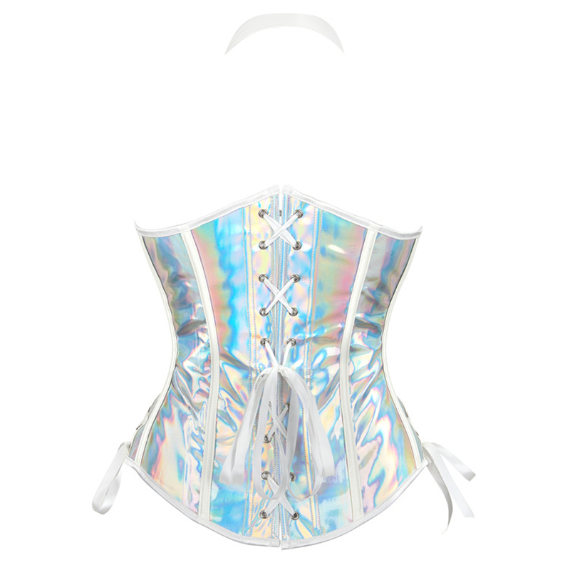 Halterneck Strap PU Leather Look Underbust Corset with Buckle Fastening and Side Lacing Women Steampunk Clubwearing Corsets