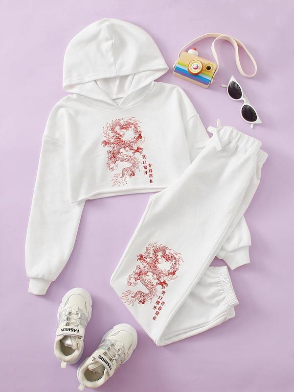 Girls Drop Shoulder Chinese Dragon Print Crop Hoodie & Joggers Set SHE