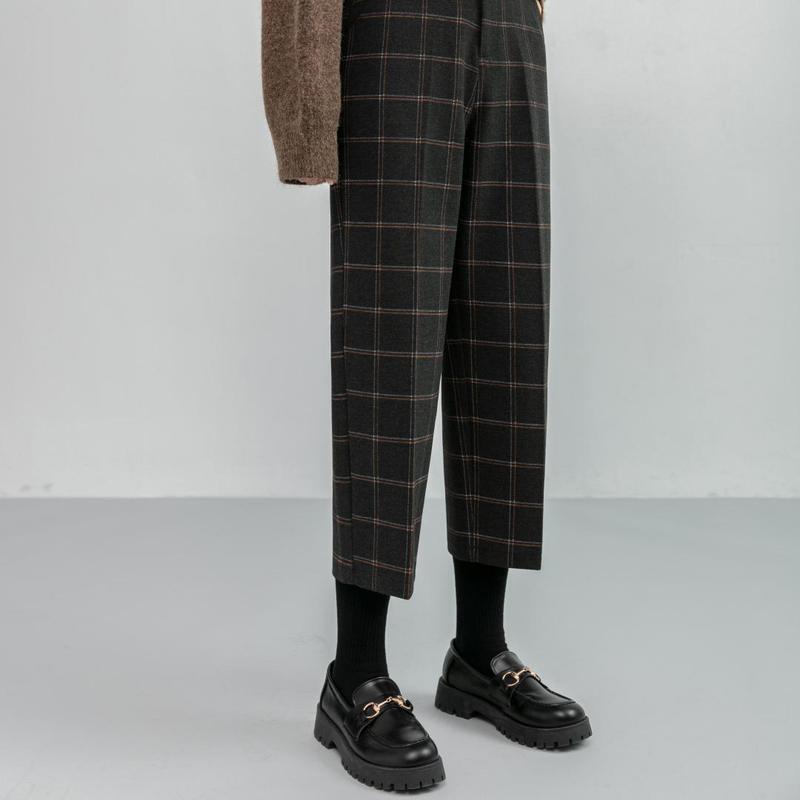 REALEFT Winter Vintage Plaid Woolen Pants Fashion High Waist Pockets Thicken Warm Ankle Length Casual Trousers Female 220325