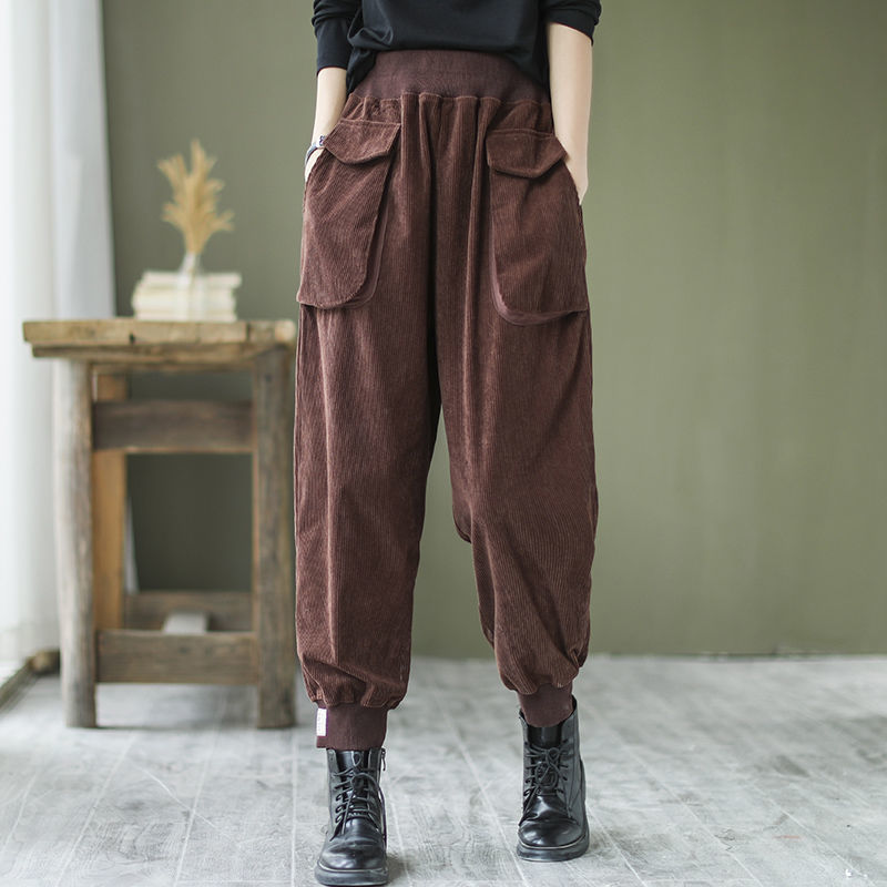 Spring/autumn Women Pocket Patchwork Ankle-length Pants Casual Loose Cotton Corduroy Elastic Waist Harem Pants W711