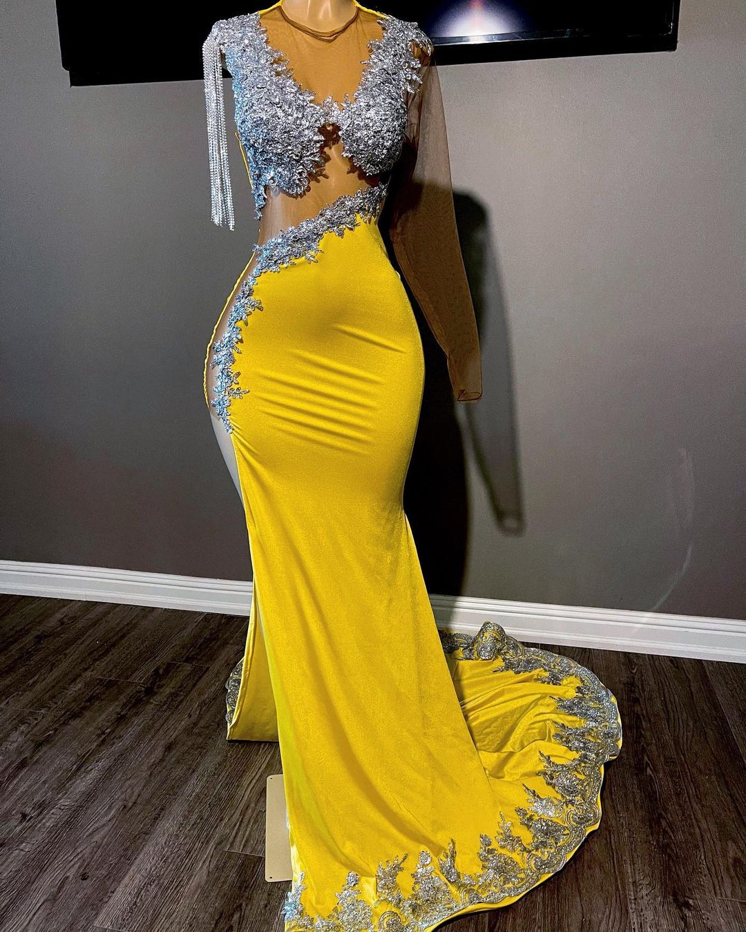 Plus Size Arabic Aso Ebi Yellow Luxurious Mermaid Prom Dresses Lace Beaded Evening Formal Party Second Reception Birthday Engagement Gowns Dress ZJ230