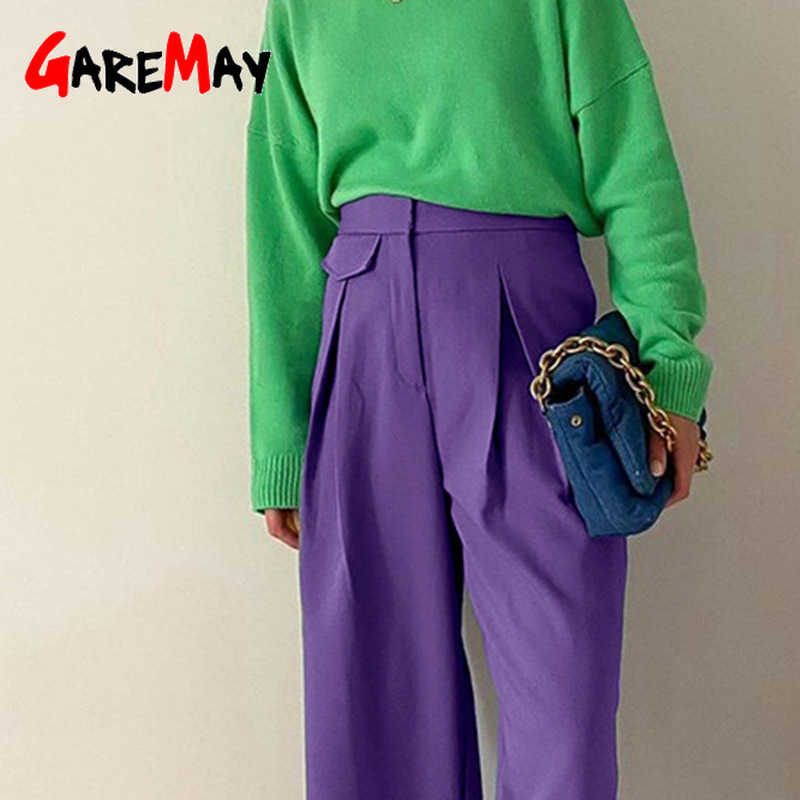 Spring Women's Classic Pants Loose Straight Oversize Purple Autumn Elegant High Waisted Wide Leg Trousers for Women 220325