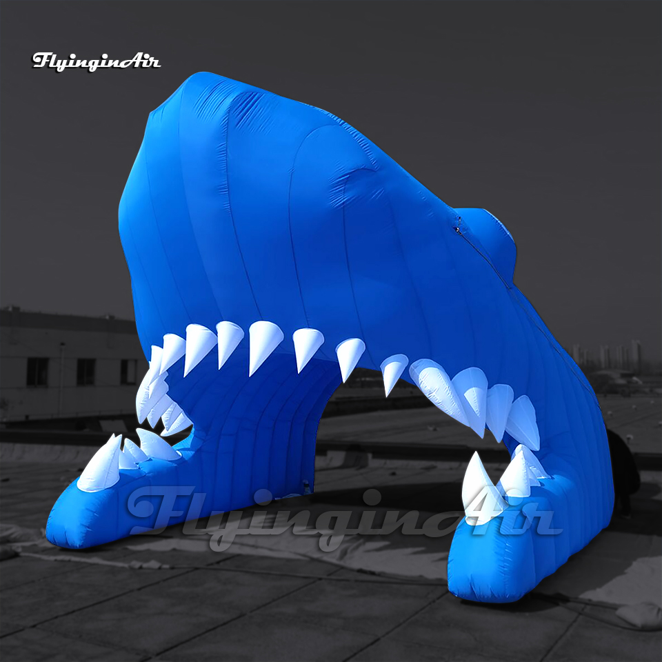 Outdoor Entrance Decorative Inflatable Shark Head Tunnel 4m Cartoon Sea Animal Mascot Model Blue Blow Up Shark Arch For Event