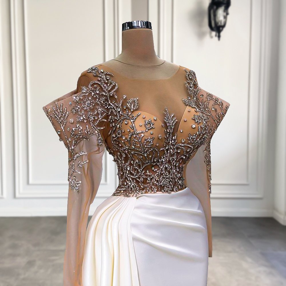 Luxury Evening Dresses Sheer Long Sleeve High Slit Sparkly Beaded Crystals White Satin Women Dubai Formal 2022 Special Occasion Dresses
