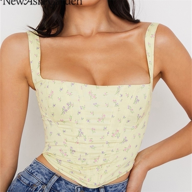 Asia Floral Corset Top Print Patchwork Zipper Boning 2 Layer Slim Fit Crop Tank Chic Yellow Cami y2k women 220325