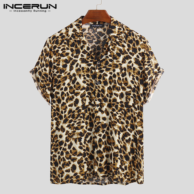 Summer Short Sleeve Leopard Print Shirt Men Lapel Neck Loose Button Up Blouse Breathable Streetwear Sexy Shirts Men INCERUN 220611