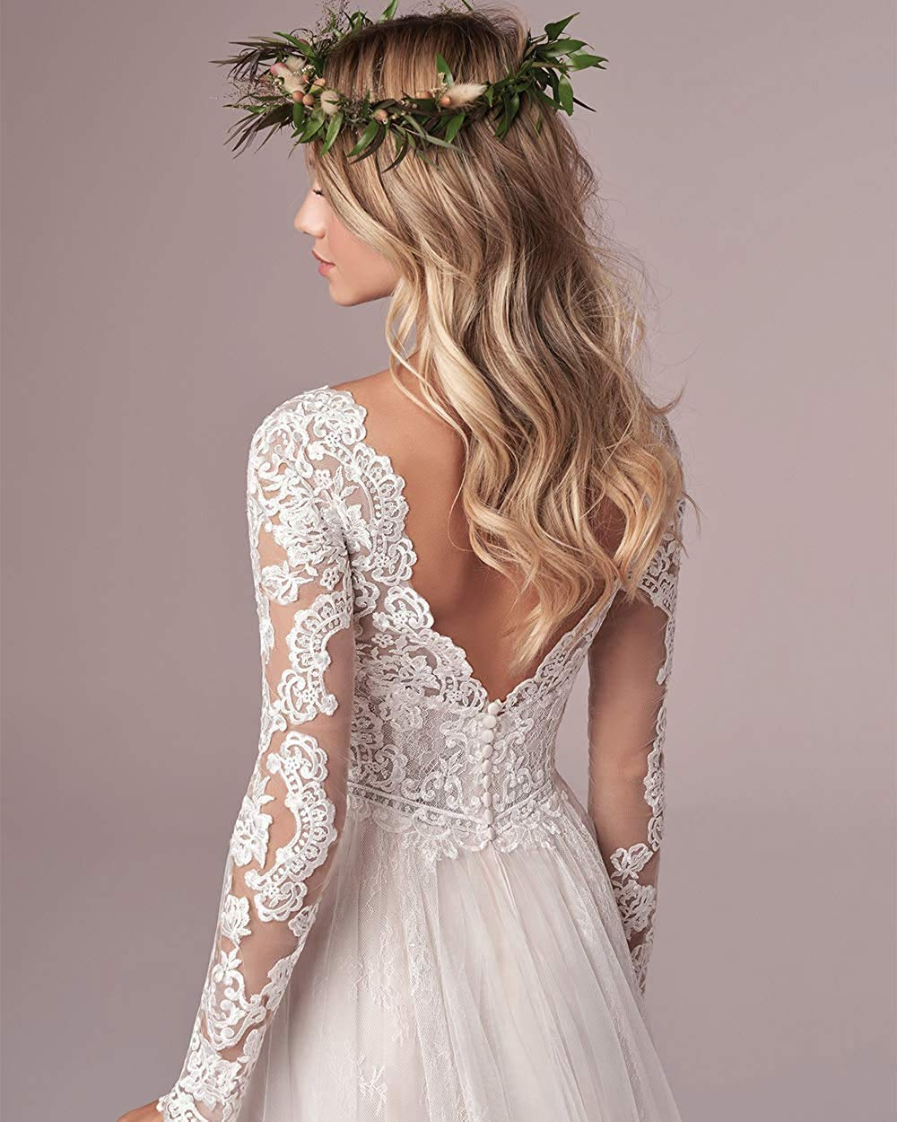 A Line Long Illusion Sleeves Wedding Dresses Lace Bridal Gowns 2022 Tulle Ivory V-neck Backless Vestido De Novia Open Back