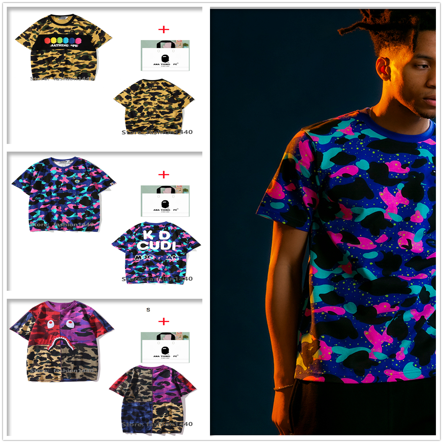 apes Men t shirt high quality women short-sleeved T-shirt Japanese tide brand camouflage starry night light cartoon shark letter printing with tote bag E13, 1 pcs button
apes Men t shirt high quality women short-sleeved T-shirt Japanese tide brand camouflage starry night light cartoon shark letter printing with tote bag E13, 1 pcs button