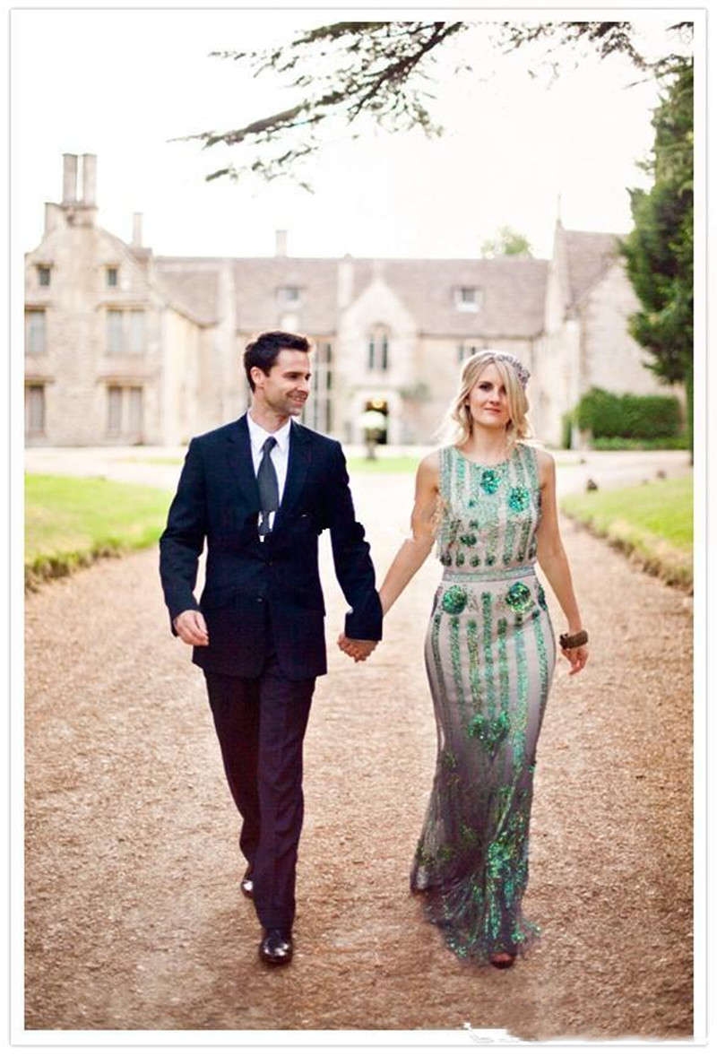 Vintage Great Gatsby Jenny Packham Mermaid Wedding Dresses Emerald Green beaded Country Garden Boho Beach Bridal Gowns