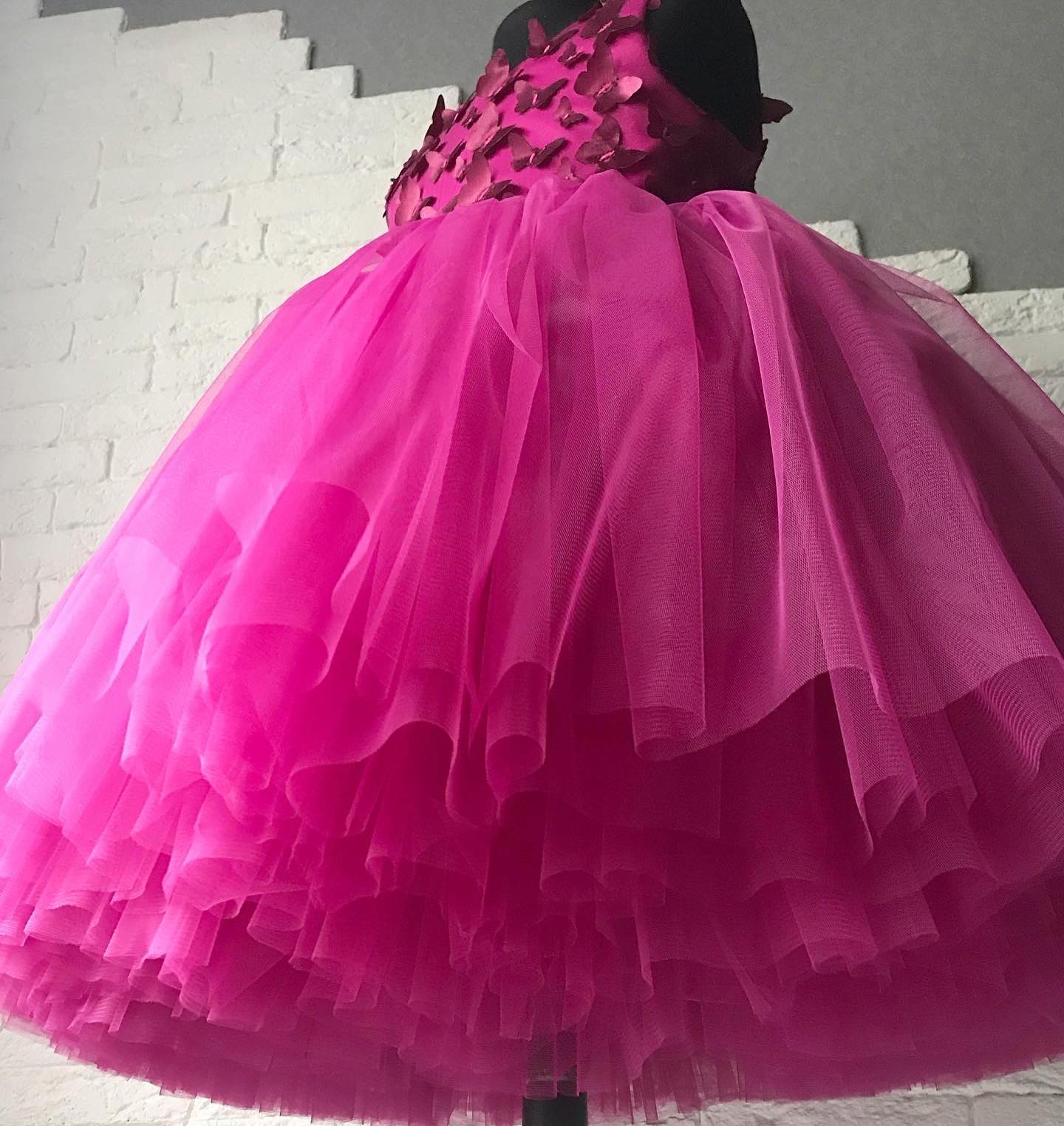 Butterfly Fuia Appliqued Wer Girl Dresses Princess Wedding Tiered Ball Gown Toddler Pageant Gowns Tulle Birthday First Communion Dress