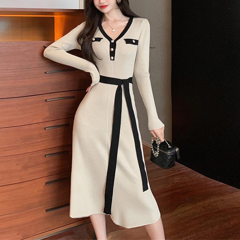 Casual Dresses Designer Elegant Knitted Dress Women Long Sleeve Patchwork Sweater Autumn Winter Underwear High Quality Robe, Black
Casual Dresses Designer Elegant Knitted Dress Women Long Sleeve Patchwork Sweater Autumn Winter Underwear High Quality Robe, Black
