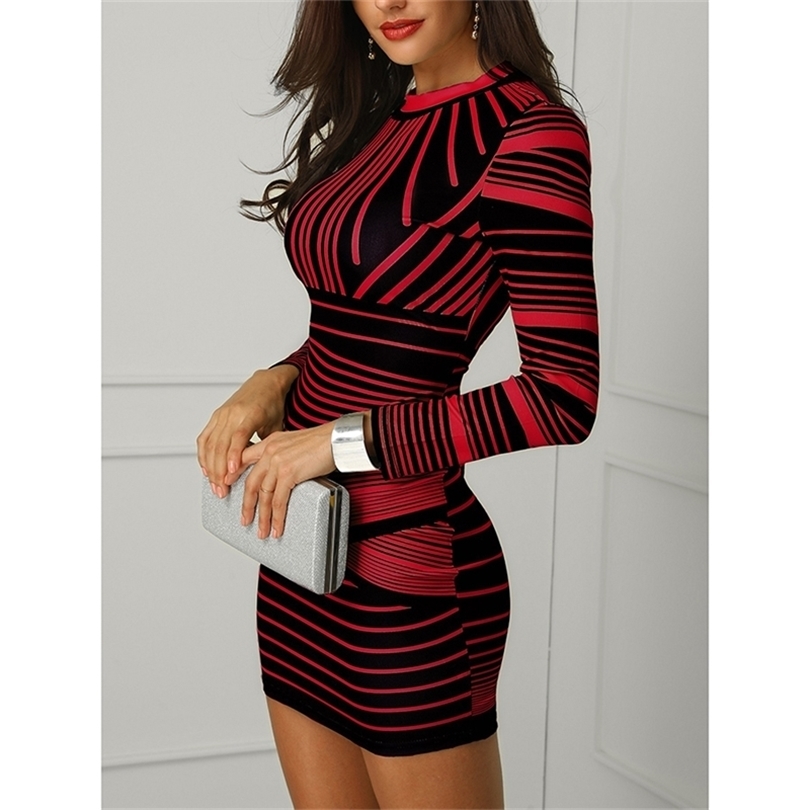 Autumn and winter new women's longsleeved red striped print sexy bag hip tight dress elegant fashion ladies round neck slim dre 201008