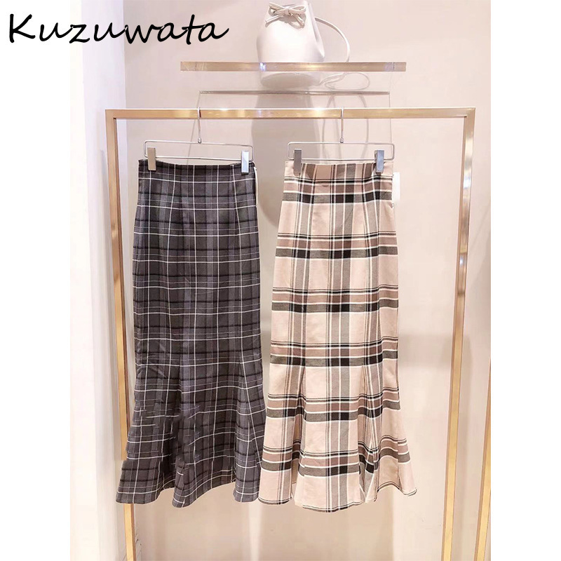 Kuzuwata High Waist Plaid Buttocks Side Split Mermaid Skirts Japan Style Temperament Elegant Jupe Autumn Women Faldas 220322