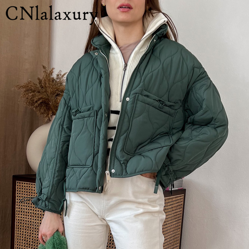 CNlalaxurySpringAutumn Women's Fashion Green Stand Neck Jacket Casual Loose Singlebreasted Pocket Decorate Female Tops 220817